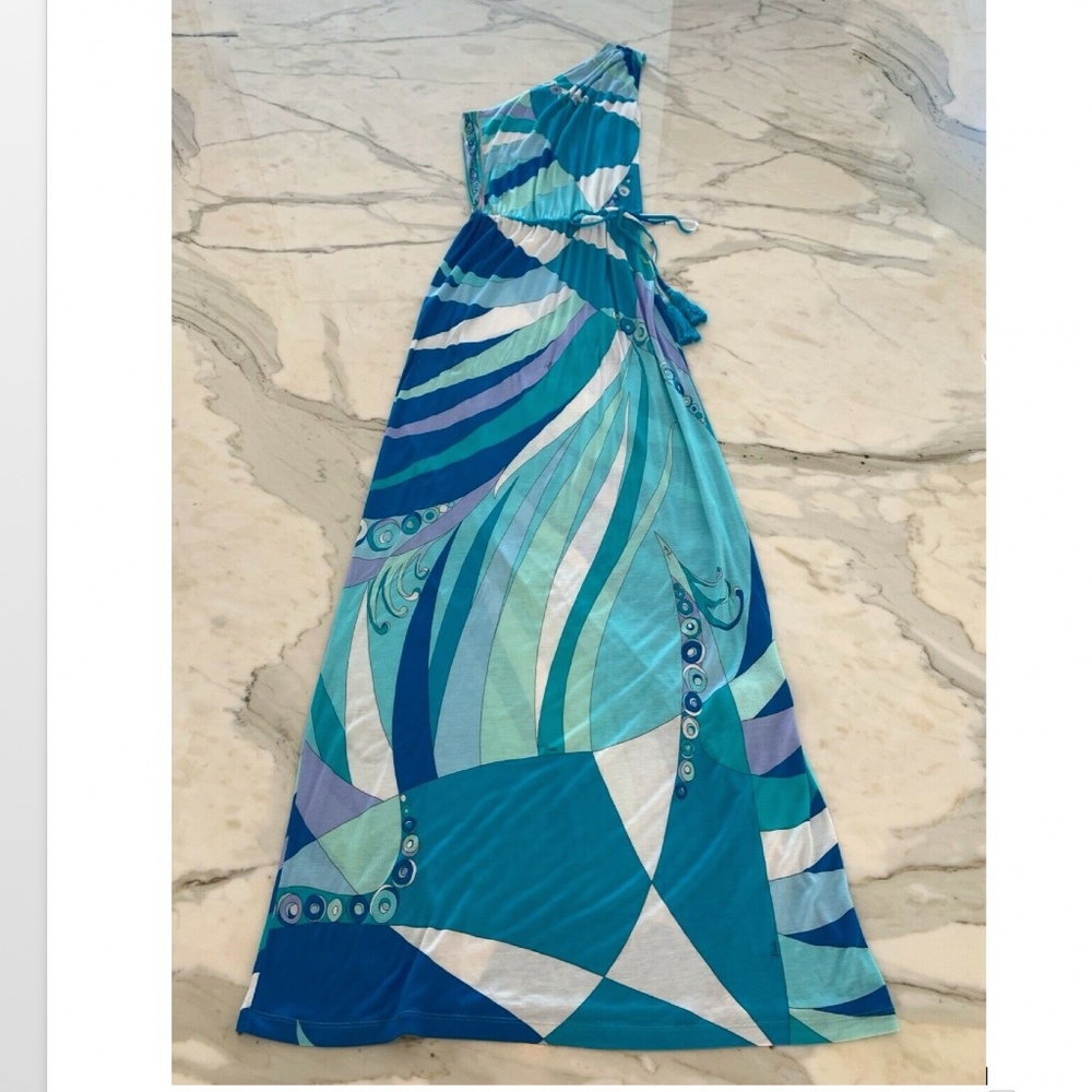 EMILIO PUCCI BLUE PRINTED ONE SHOULDER DRESS MODEL 41WH40 SiZE IT 40 / US 6 NWTS - Picture 5 of 12